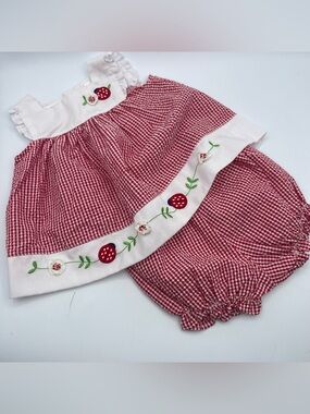 Vintage 6-9 Months Baby Girl Red Gingham Ladybug Dress & Bloomers Outfit Flower